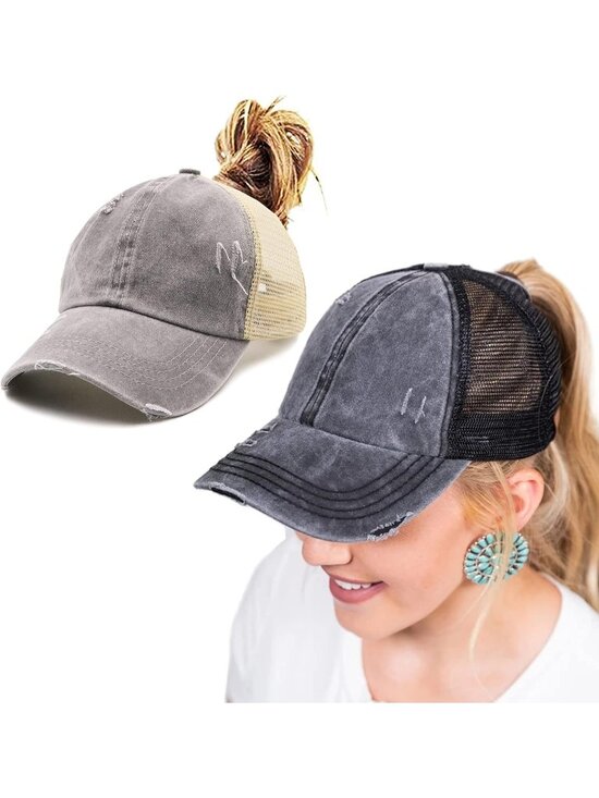 〽️Women\'s Gray Black High Ponytail Baseball Cap Trucker Bad Hair Day Adjustable